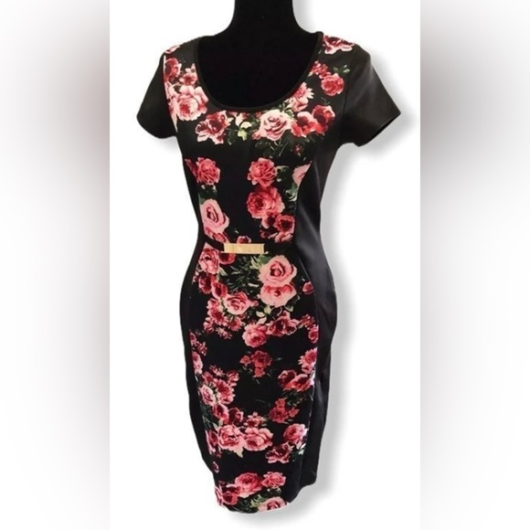 Love J. Floral Pencil Dress Juniors Medium Bodycon Black Pink Floral Roses - Picture 2 of 13